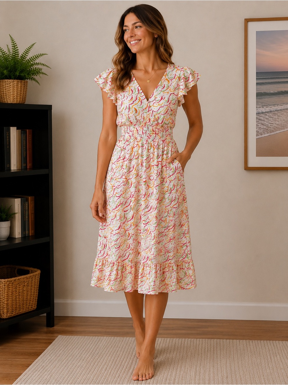 Hatley Colorful Abstract Print Maxi Dress XS | Flutter Sleeve Smocked Waist